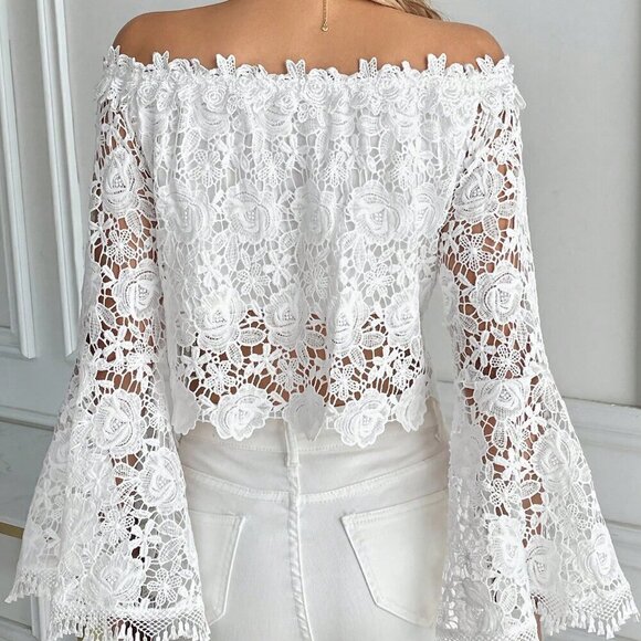 White Elegant Women's Summer Solid Color Lace Off-Shoulder Flare Sleeve Blouse - Picture 2 of 6